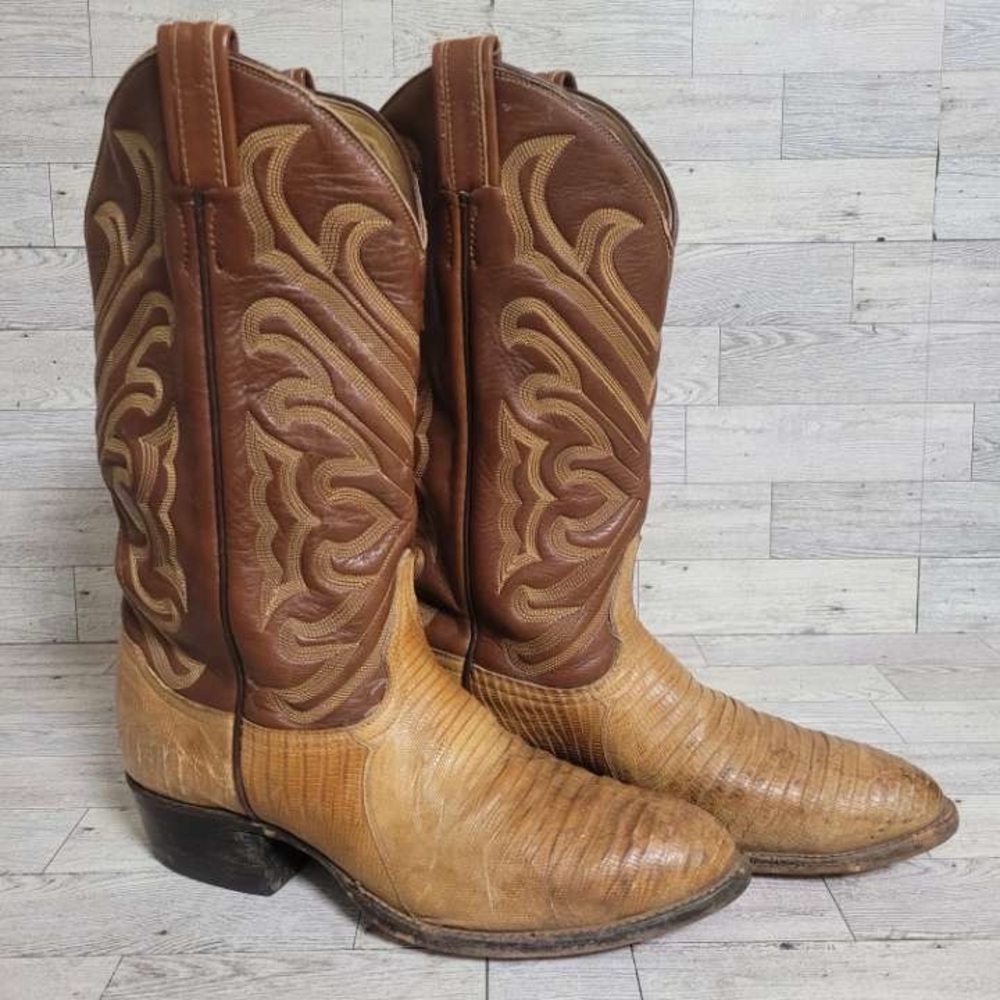 Vintage 60's Tony Lama Western Exotic Brown Lizard Leather Cowboy Boots Men's 9